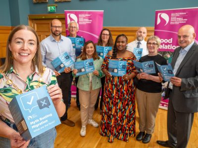 The Mayor Councillor Grace Uí Niallais has launched a Myth Busting Migration, What are the Facts,  leaflet, published Derry City and Strabane District Council. Pictured at the launch are from left, Sameh Hassan,  North West  Islamic Association, Jonah Atos, Kabalikat in the North West, Doreen Murghi,  Afro Caribbean Community Network and former Community Relations Council Chair, Peter Osbourne. Back from left, Martin Gallagher and Louise Kitson, DCSDC, Good Relations Team, Paul Douglas from The Executive Office and Amanda Biega from the Good Relations Team. Picture Martin McKeown. 05.08.26
